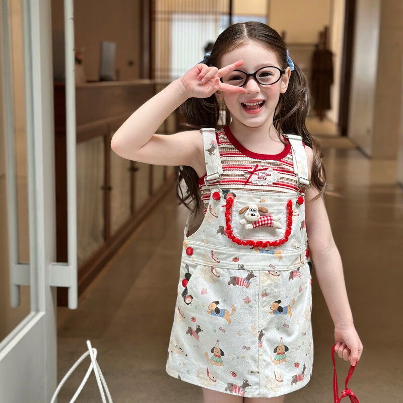 栀了成长记女童装撞色条纹上衣2026春季儿童新款百搭时髦无袖背心 背心裙 150