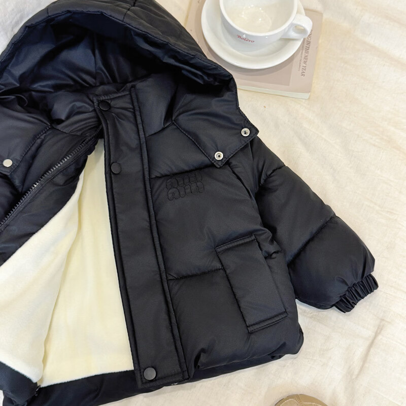 甜贝星秋冬季儿童棉服男童女童中小童宝宝加绒加厚保暖棉袄棉衣PU皮外套 咖啡色 150 cm