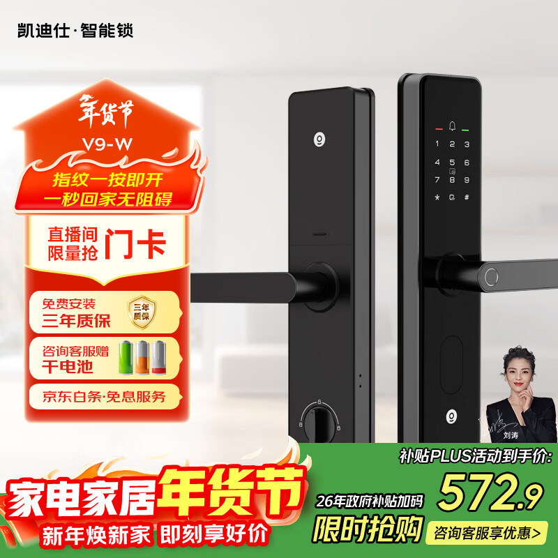 凯迪仕（KAADAS）智能门锁 指纹识别 防盗门锁密码锁 入户门电子智能锁 V9-W