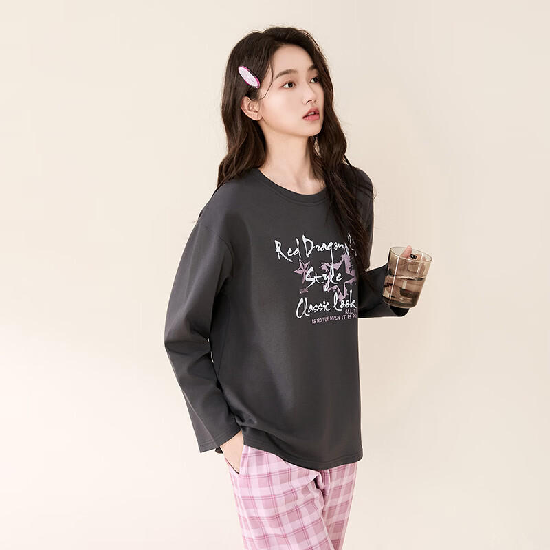 芬腾可安（FENTENGCARE）睡衣女士纯棉春季新款圆领长袖长裤可外穿家居服套装女 深灰 M
