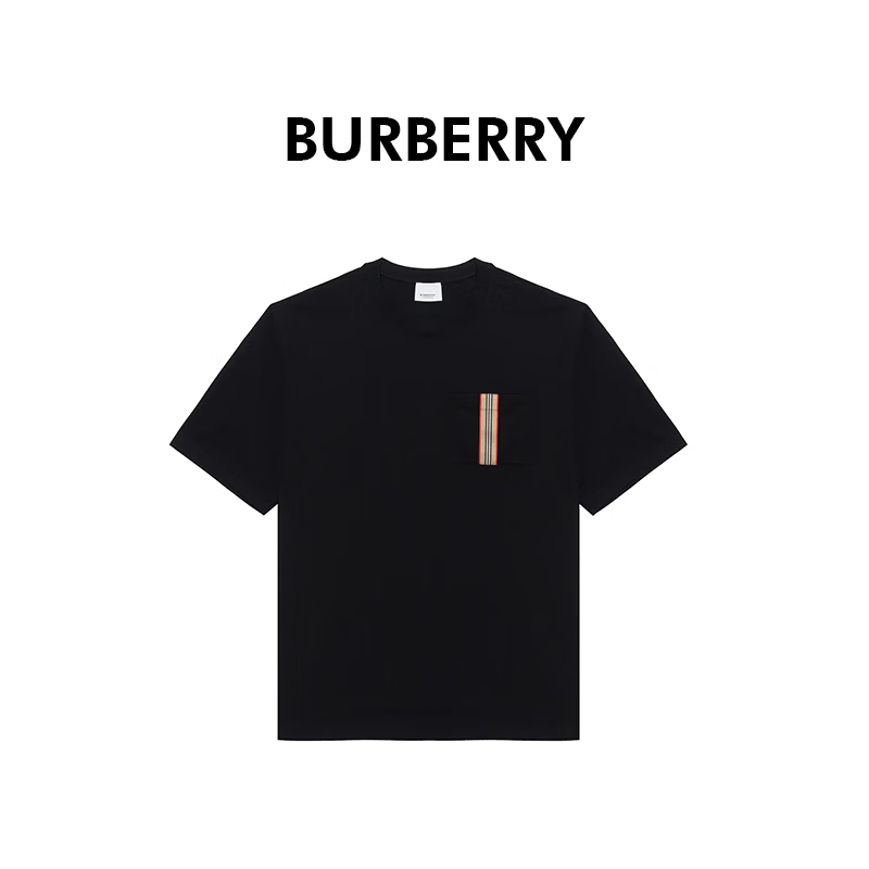 BURBERRY巴宝莉新款男士口袋条纹装饰短袖T恤80844191 黑色 M 礼物父亲节