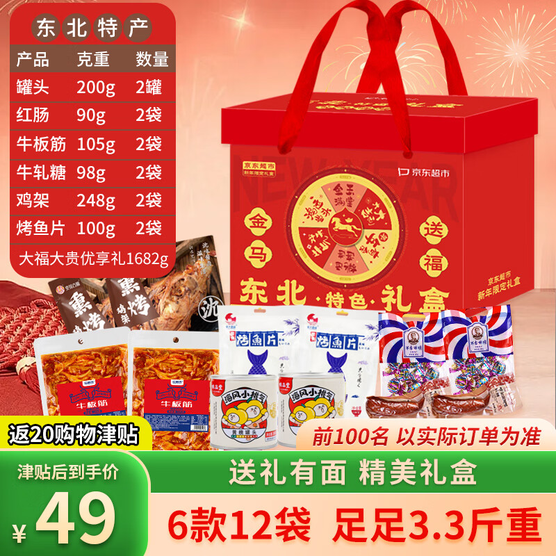 京觅年货礼盒东北特产送礼送长辈肉类零食红肠鸡架糖果1682g刘宇宁