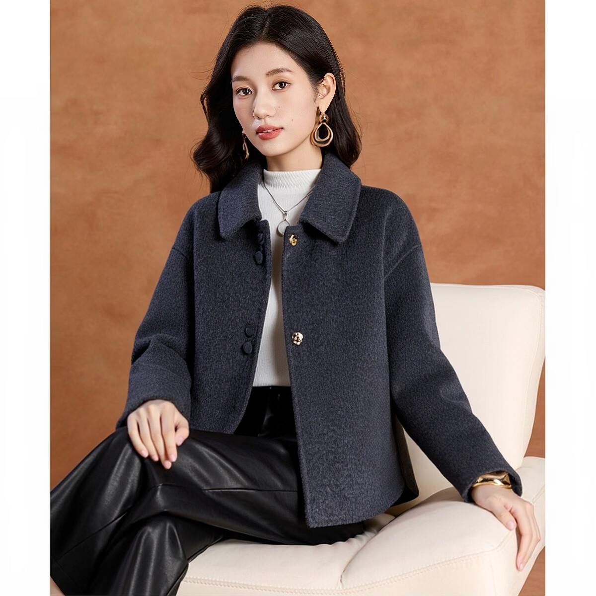 可蓓儿绵羊毛双面呢大衣女2025新款秋冬气质显瘦小香风洋气毛呢外套 L