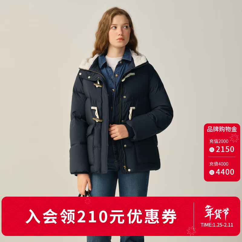 ELAND衣恋羽绒服女时尚带帽长袖鸭绒外套2025冬季新款 藏青色(59)Navy M /165