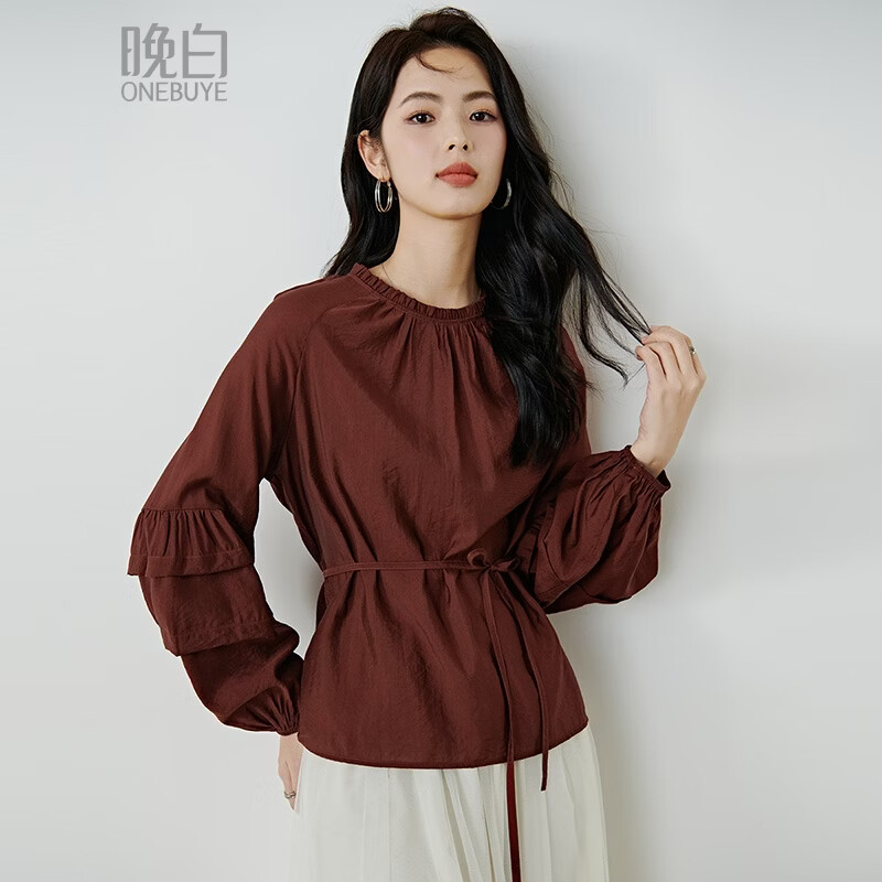 晚白2026春款骐骥红显白棉感上衣松弛感大码系带收腰设计感衬衫女 枣红色 M