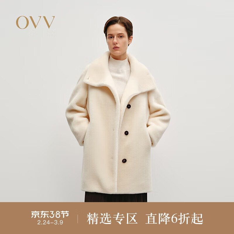 OVV秋冬热卖女装毛绒感经典单排扣舒适保暖休闲大衣 象牙白 XS