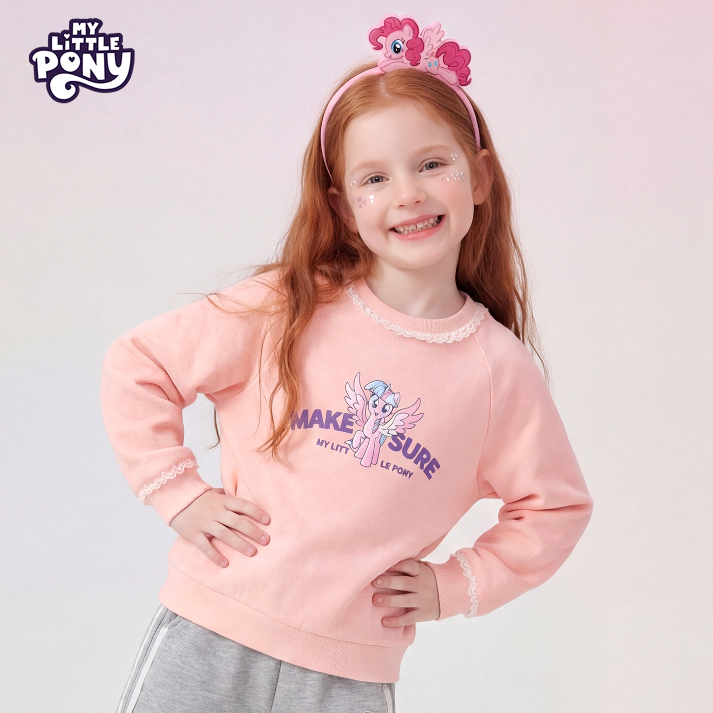 小马宝莉女童卫衣春季2026新款中大童长袖上衣春装圆领宽松外套春 【蕾丝花边圆领卫衣】自信紫悦粉 140