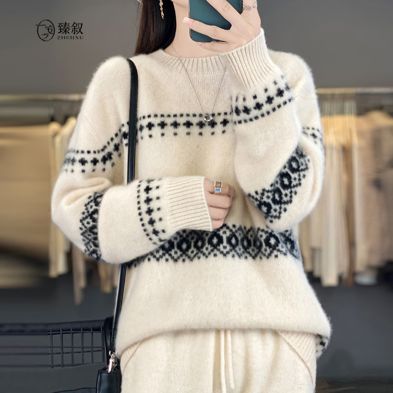 臻叙羊毛衫100%四叶草提花加厚套头毛衣女针织衫宽松圆领气质新年穿搭