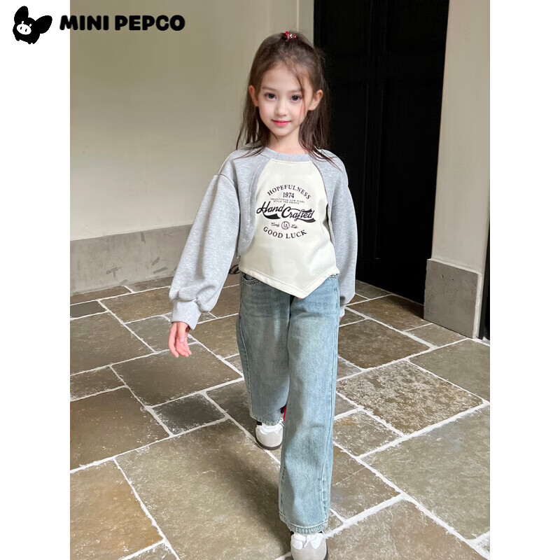 小猪班纳（PEPCO）女童宽松假两件卫衣春秋新款儿童宝宝长袖印花复古外穿上衣潮 花灰/米白 170 *建议身高155-165