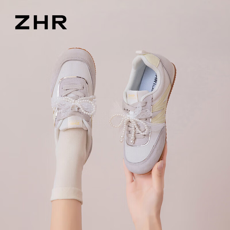 ZHR则则德训鞋女鞋轻软甜美运动鞋女珍珠蕾丝休闲鞋子女防滑百搭元气满满 米黄 35
