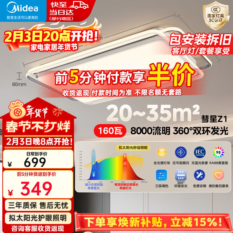 美的（Midea）吸顶灯客厅大灯北欧造型客厅灯主灯护眼卧室房间灯具大全彗星Z1 三段调色|160W客厅灯|全光谱