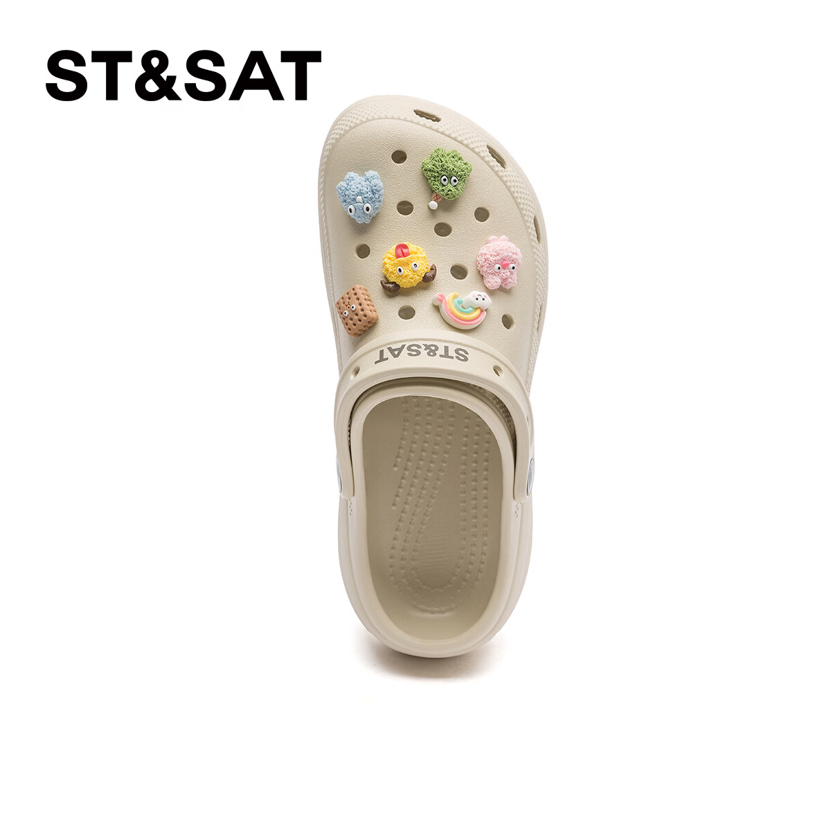 星期六2026新款夏季情侣可爱百搭增高踩屎感洞洞鞋女款居家外穿防滑拖鞋 米白 【彩色小怪兽】 38-39