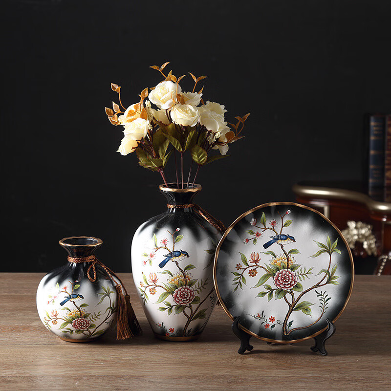 陶瓷花瓶现代轻奢客厅玄关桌面摆设高级感创意家居乔迁礼物女 渐变喜鹊迎春三件套送米白玫瑰