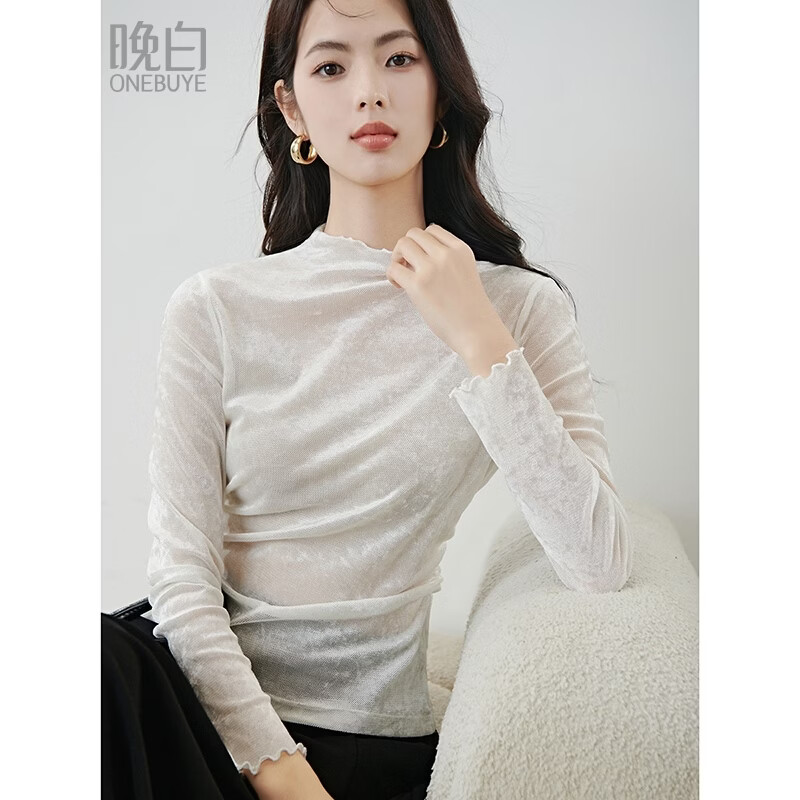 晚白【新品】2026春款时尚百搭立领微透打底衫高弹显瘦轻薄蕾丝T恤衫 白色 L