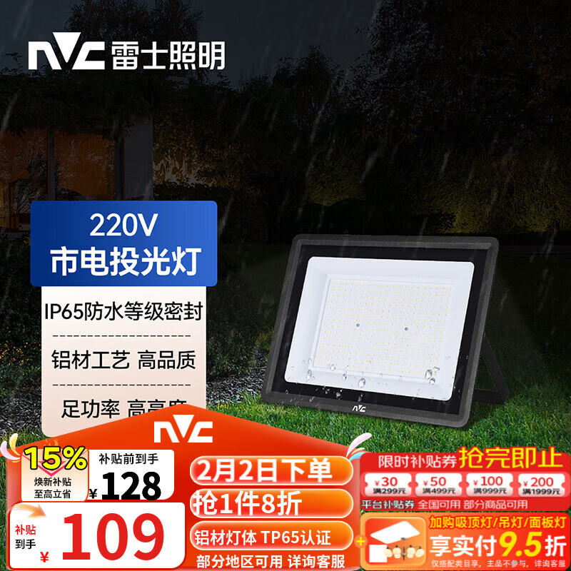 雷士（NVC）LED投光灯泛光灯户外庭院灯工厂照明园林灯露营灯 IP65防水6500K 100W+白光+照约50m²