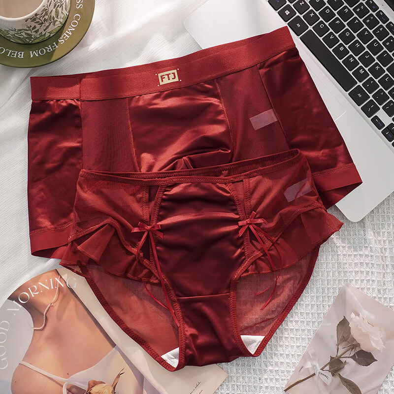 羅亨士情侣内裤红色一男一女生冰丝蕾丝性感双人诱惑情趣夫妻房事底裤衩 侧大蝴蝶结 2条 2XL 男+女L码