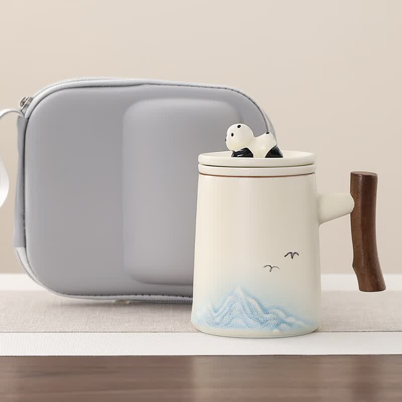 不拙茶水分离泡茶杯家用带盖喝水马克杯办公室高颜值大容量男女陶瓷杯 6【旅行包】熊猫渐变蓝水杯