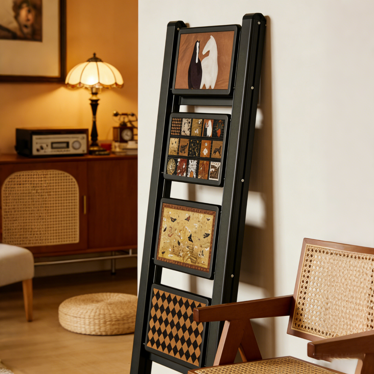 沂居家用折叠中古风梯子复古小梯子室内便携人字梯防滑加厚 复古氛围黑色二步梯【微喷印花耐磨不褪色】登高装饰