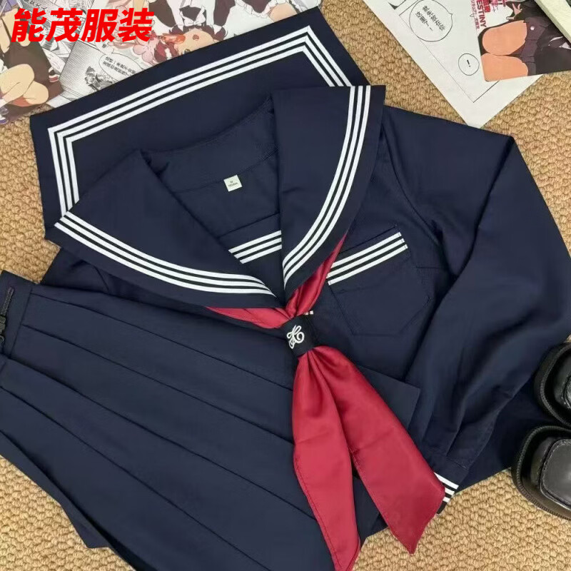 萱眸日系JK制服正统水手服基础款绀三本上衣新品萌妹中间服套装女 绀三本短/袖+裙子+红/领巾 S