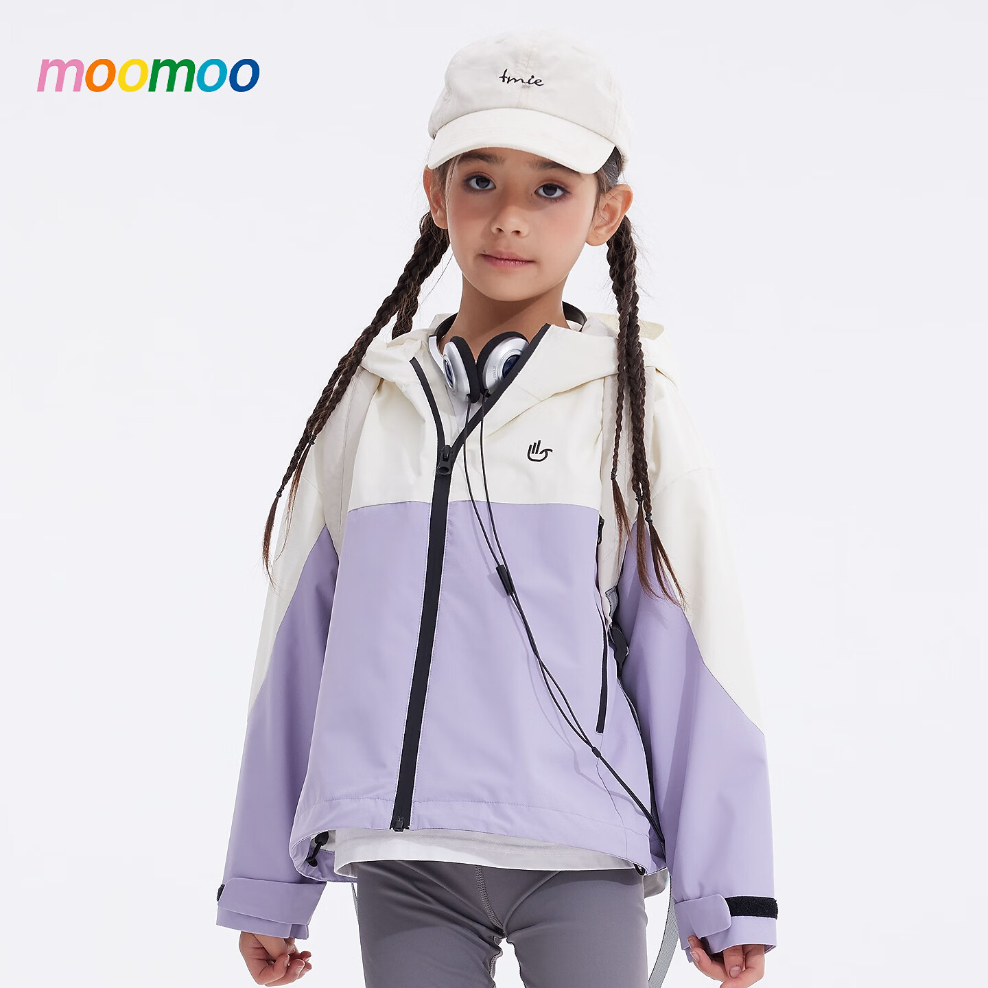 莫莫(Moomoo)美特斯邦威童装梭织外套女童春新款运动户外宽松潮流拼色上衣 绿白色组 130 /64