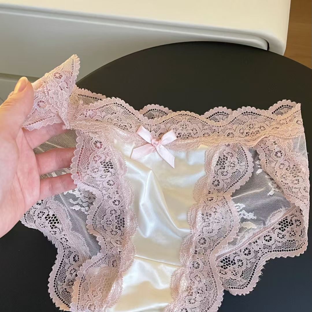 【严选好物】缎面网纱蕾丝女内裤性感翘臀低腰裆部镂空风骚纯欲三 黑色 M 建议80-100斤