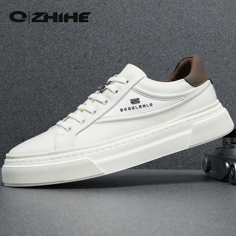 Q ZHIHE2025春季新款男士全牛皮轻便软底透气休闲皮鞋舒适百搭板鞋 白色 43 (265mm) 京东折扣/优惠券