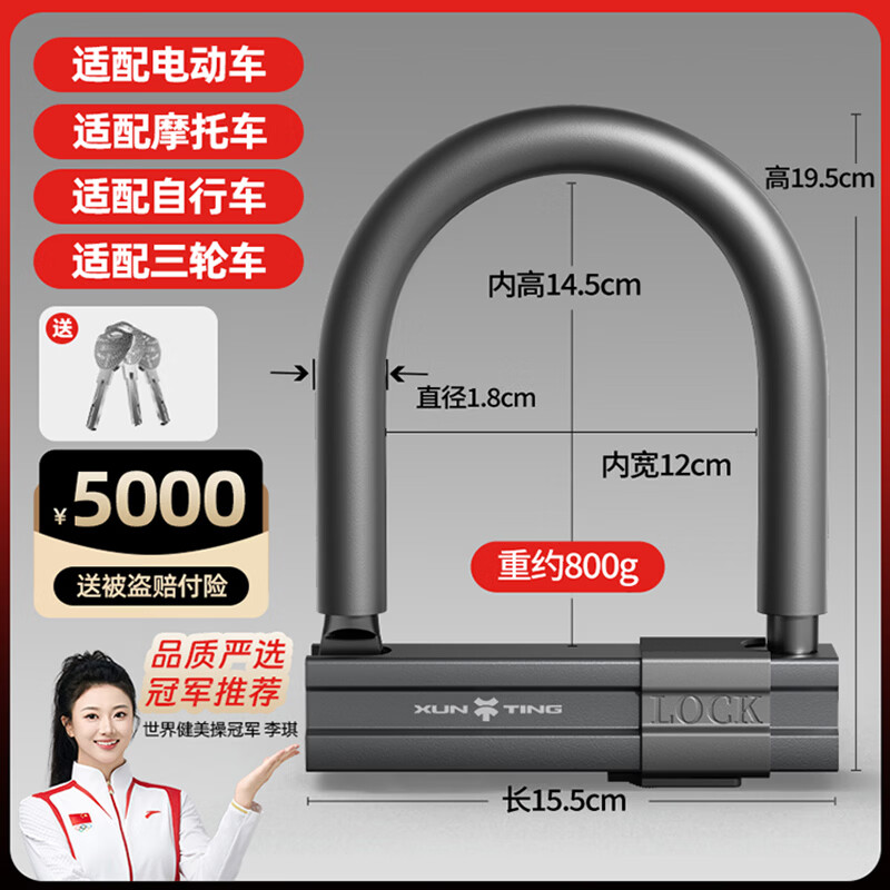 迅霆电动车U型锁防盗剪不断电瓶摩托车自行车单车三轮车u形锁骑行配件 【升级防盗锁体】800g【原子锁芯/抗剪20吨】3把密钥