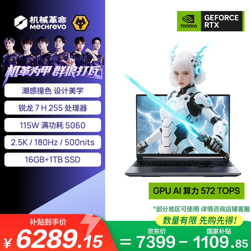 机械革命【国家补贴】蛟龙16Pro 潮玩版 16英寸游戏电竞笔记本电脑(R7 H 255 16G 1T RTX5060 180Hz 灰)