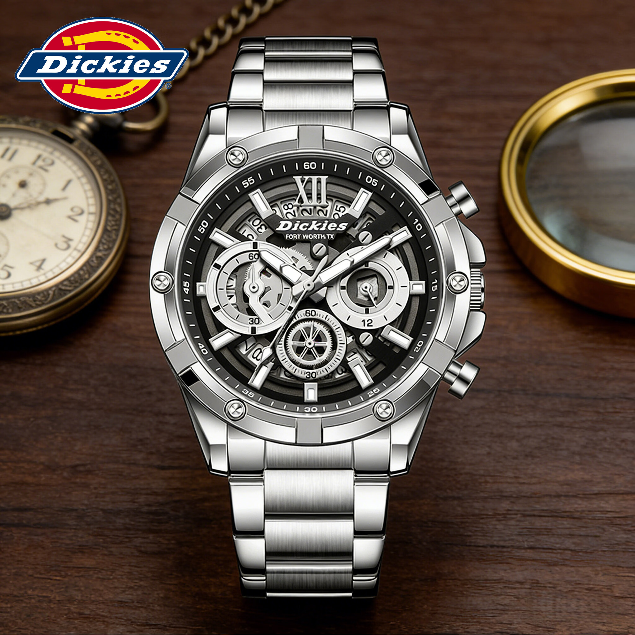 Dickies手表男士商务石英表学生三眼多功能高中时尚潮流男生机械风腕表 黑表盘