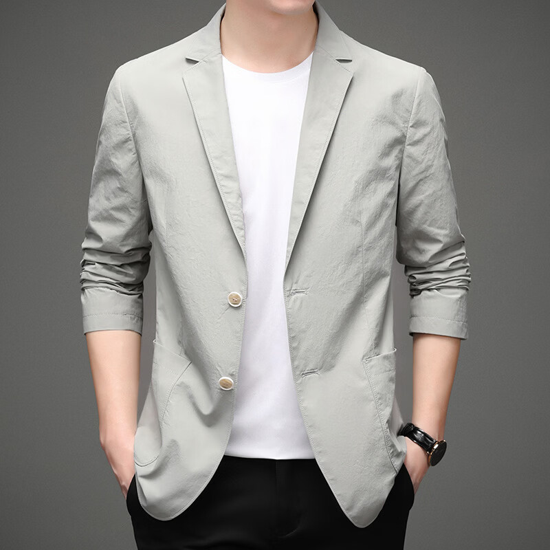 【轻奢正品】春季休闲西装男修身纯色小西服单层便西薄款外套CF 灰色 L 【125-145斤】