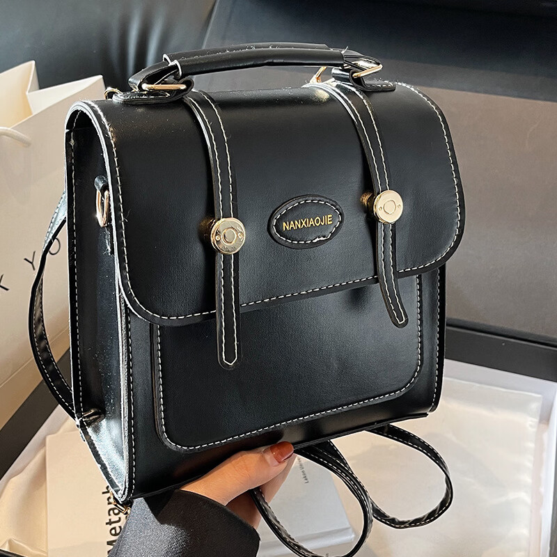 【精选百货】复古质感双肩小包包女2024新款学生双肩背包单肩手提 黑色无挂件