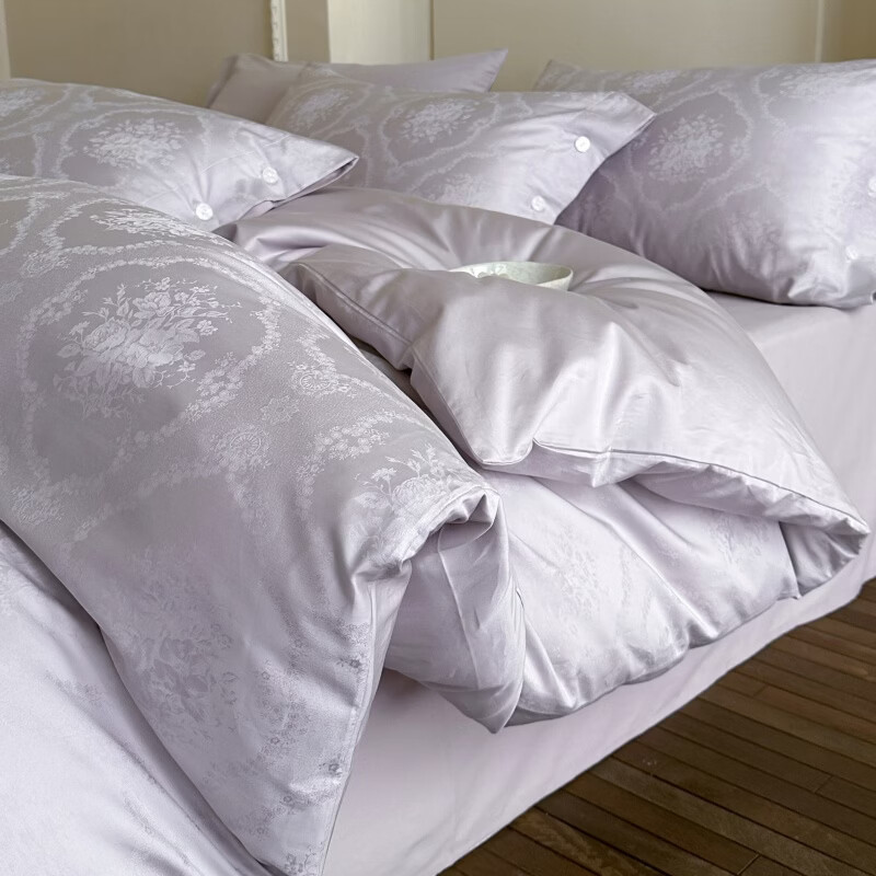 ROLAND LIVE高级感长绒棉全棉提花四件套轻奢风全棉被套裸睡床单床笠款床品 SW 全棉提花四件套-恋春浅紫 1.8米床 床笠款 【被套200*230cm】