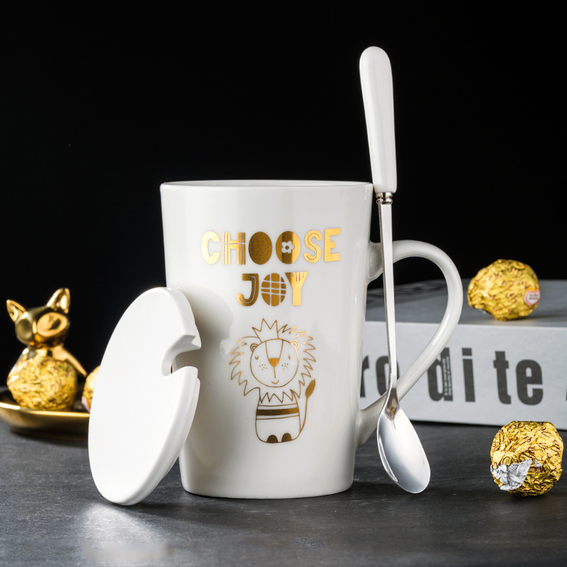 瓷魂 创意可爱喝水马克杯杯子咖啡杯水杯陶瓷杯茶杯男女带盖带勺 450ML白色金边狮子