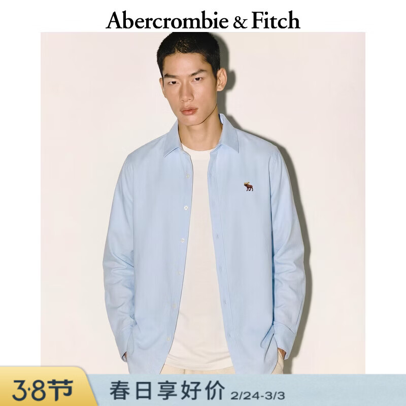Abercrombie &amp; Fitch【经典老钱风】小麋鹿图案美式通勤长袖衬衫25秋男装125-5292 蓝色 XS (170/84A)