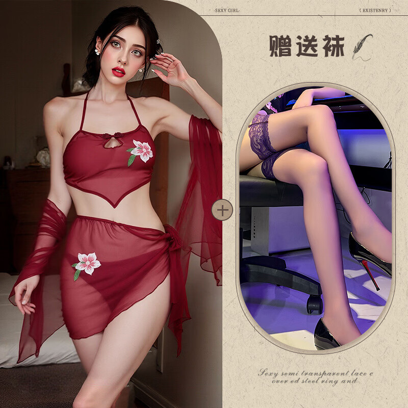 性感睡衣古风异域舞姬刺绣深V夫妻情趣激情战袍火辣视觉诱惑睡袍 红色 均码