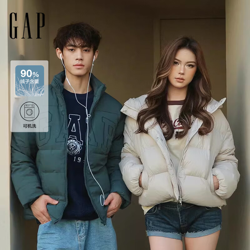 盖璞（GAP）女装印花logo立领连帽羽绒服简约纯色外套 米色 L (170/88A) 亚洲尺码