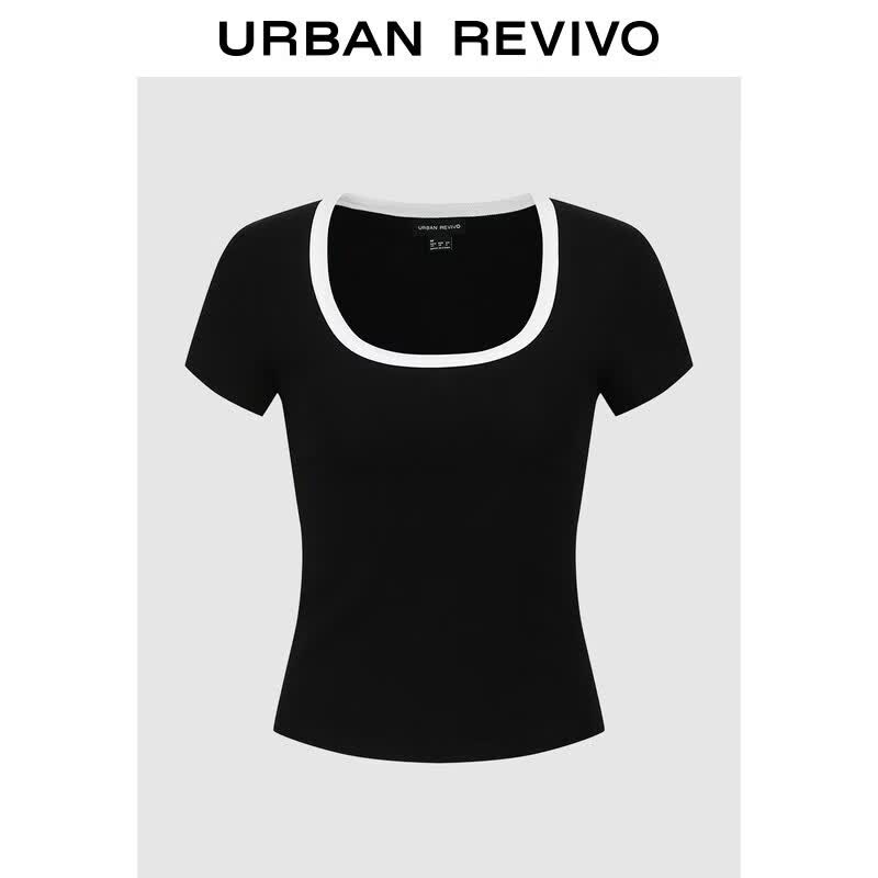 UR2026夏季新款女装撞色拼接简约百搭通勤T恤UWG460024 黑色 S