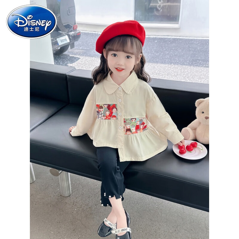 迪士尼（Disney）女童衬衫春秋款2024新款儿童洋气韩版拼色上衣女宝宝秋装长袖衬衣 拼色不规则衬衣 90cm