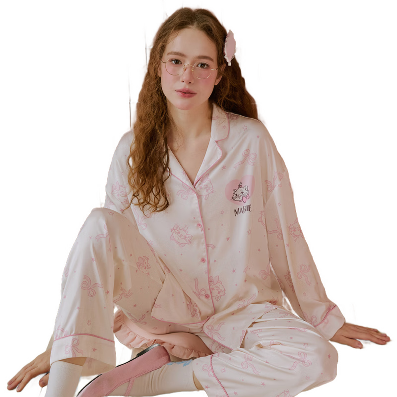 果殼(Gukoo)睡衣女春秋款迪士尼聯(lián)名瑪麗貓?zhí)鹈揽ㄍM印翻領(lǐng)女士家居服套裝A 瑪麗貓水粉女套裝 M
