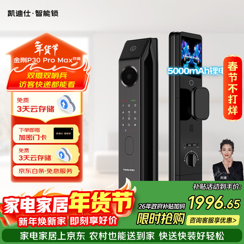 凯迪仕（KAADAS）智能门锁 双摄人脸识别可视猫眼大屏指纹锁 金刚P30 Pro Max双摄