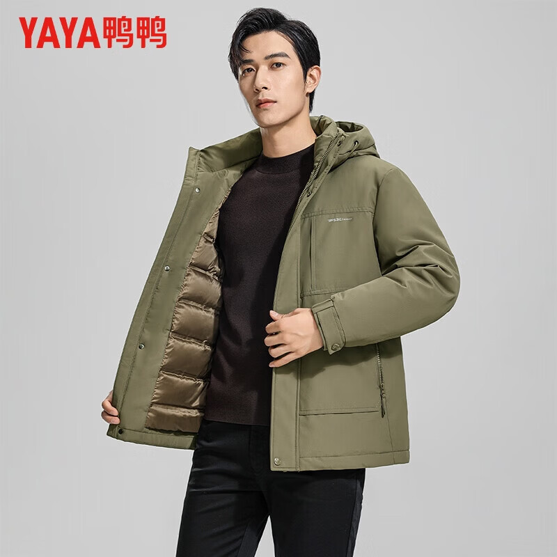 鸭鸭（YAYA）羽绒服男短款连帽宽松厚款保暖中青年2025冬季新年户外工装外套 卡其 2XL 185(建议155-170斤)