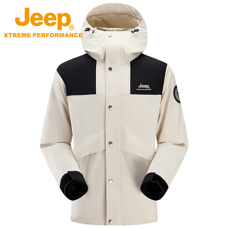 JEEP吉普三合一冲锋衣男户外外出登山服可拆卸防风防雨保暖摇粒绒外套 燕麦灰 4XL/195/112B