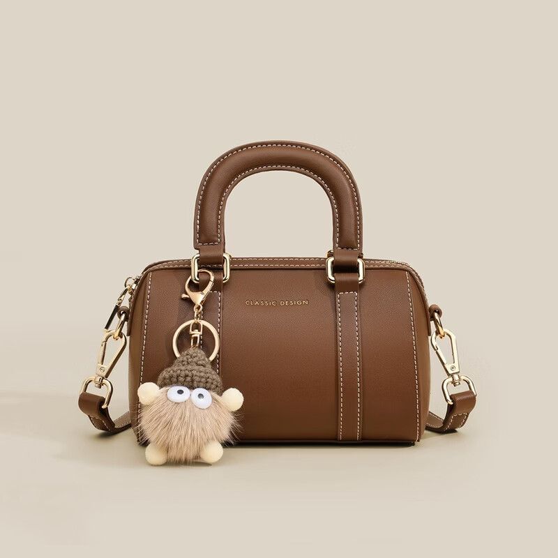 单支鸟手提包包2真皮斜挎枕头包女包迷你单肩波士顿包生日礼物 棕色