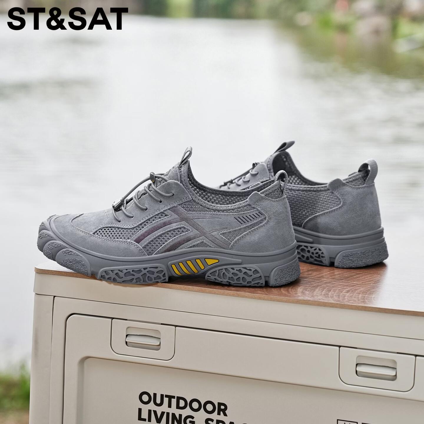 星期六（St&Sat）登山鞋男夏季新款透气网面鞋男免系带户外一脚蹬凉鞋运动飞织鞋男 灰色 44 (270mm) 标准运动鞋尺码