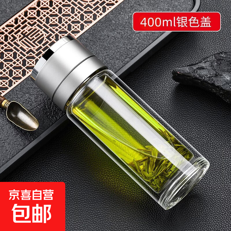 一键开盖新款茶水分离玻璃杯车载速开杯双层防烫便携男士泡茶水杯 银色[彩盒包装] 500ml