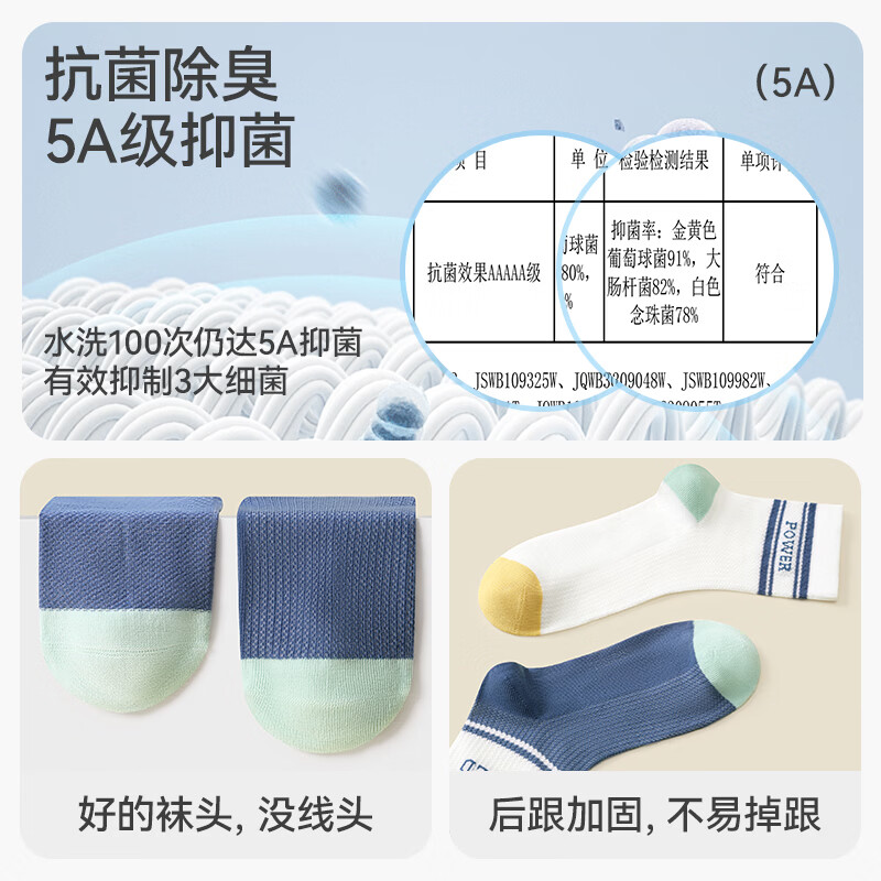 久岁伴儿童袜子男女童春夏季薄款透气中筒棉袜中大童高弹校园学生运动袜 男童/中筒/409011/ 5双 9-12岁 32-35码(20-22cm)