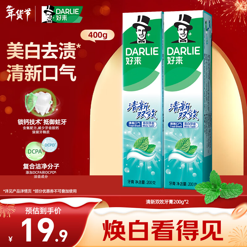 DARLIE好来(原黑人)清新双效牙膏去口气去渍固齿2支400g