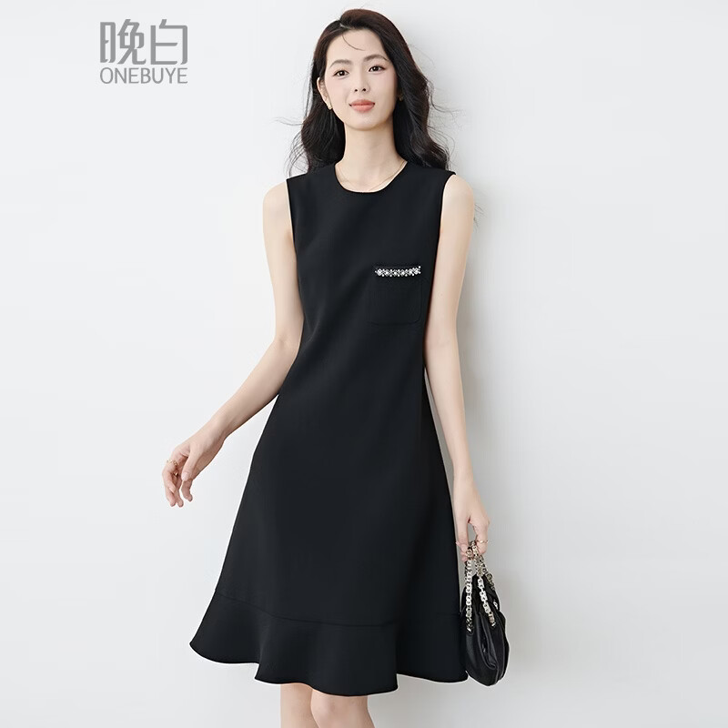 晚白【新品】春款时尚钉珠圆领裙子修身显瘦气质百搭无袖连衣裙 黑色 L