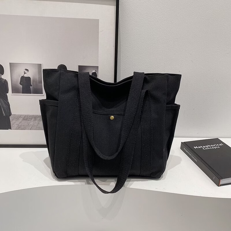 【实用】大容量托特帆布包上班外出高颜值通勤百搭文艺学生装书单 黑色带内衬+拉链 cm