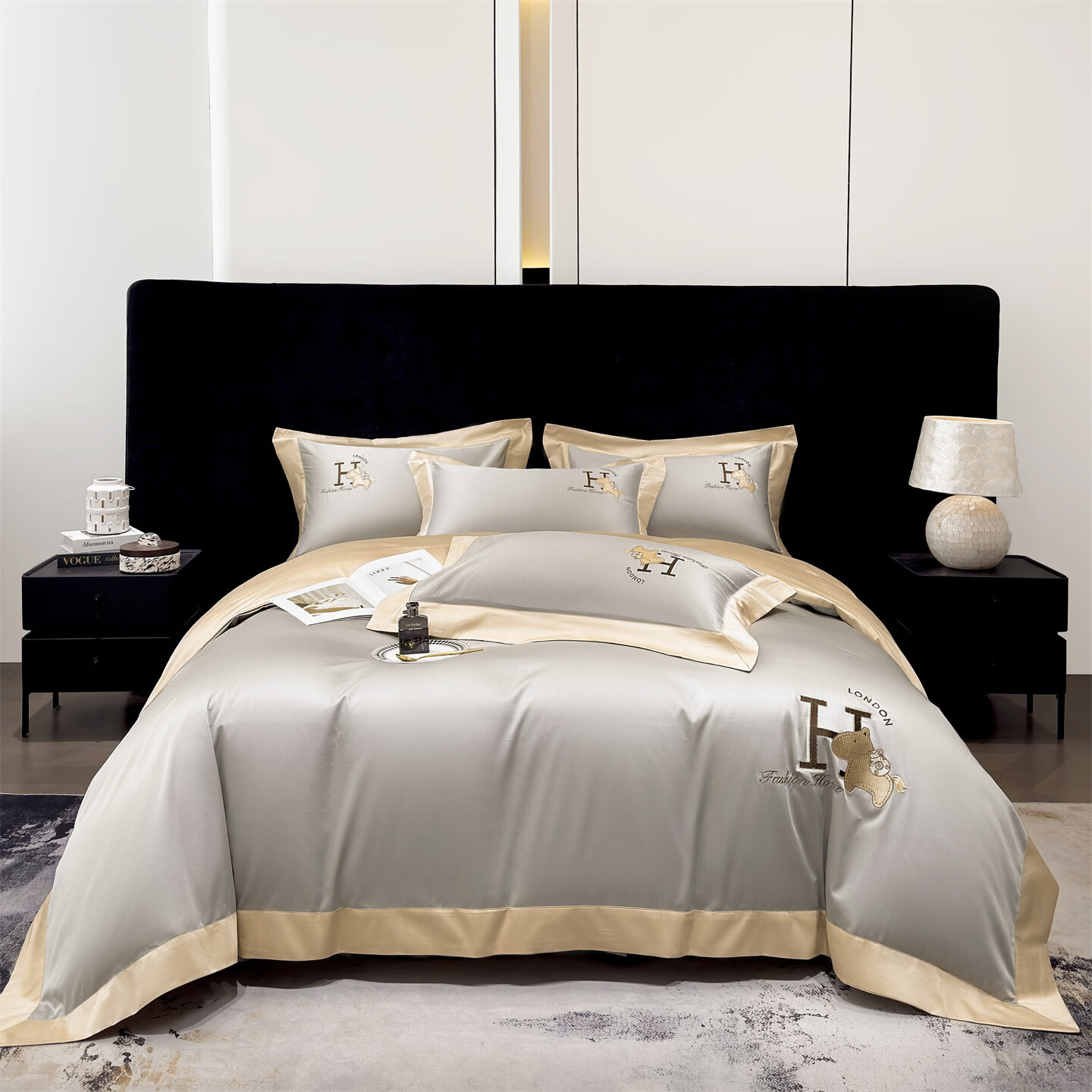 160支长绒棉四件套100%纯棉刺绣26年新款四季通用亲肤床上四件套 萌马-铂金灰 1.5m 床单款 被套200*230cm四件套